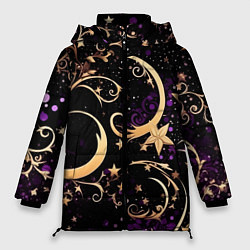 Куртка зимняя женская Чёрный паттерн со звёздами и лунами, цвет: 3D-красный