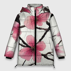 Куртка зимняя женская Цветы и ветви японской сакуры - текстура холста, цвет: 3D-светло-серый