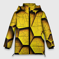 Куртка зимняя женская Желтые шестиугольники с трещинами - объемная текст, цвет: 3D-черный