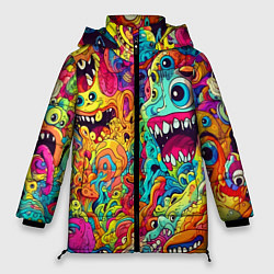 Куртка зимняя женская Космические зубастые чудовища, цвет: 3D-черный