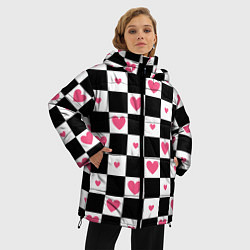 Куртка зимняя женская Розовые сердечки на фоне шахматной черно-белой дос, цвет: 3D-светло-серый — фото 2