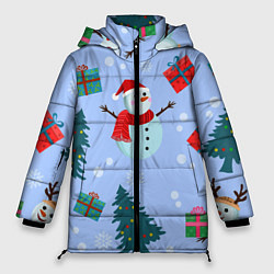 Куртка зимняя женская Снеговики с новогодними подарками паттерн, цвет: 3D-светло-серый