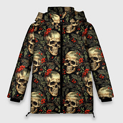 Куртка зимняя женская Череп рябина шишки и хвойные ветки, цвет: 3D-черный