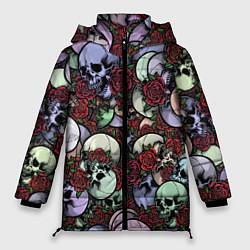 Куртка зимняя женская Череп с розами паттерн, цвет: 3D-светло-серый