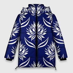 Куртка зимняя женская Абстрактные белые лотосы на синем - паттерн, цвет: 3D-черный