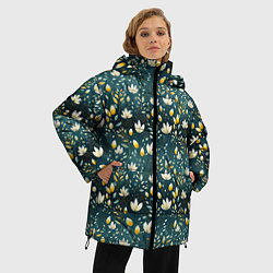 Куртка зимняя женская Цветочки на зеленом поле паттерн, цвет: 3D-красный — фото 2
