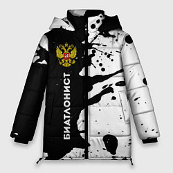 Куртка зимняя женская Биатлонист из России и герб РФ по-вертикали, цвет: 3D-черный