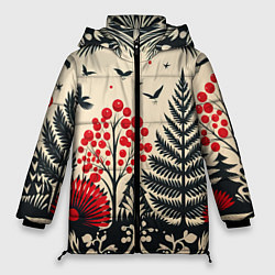 Куртка зимняя женская Новогодние деревья и узоры, цвет: 3D-красный