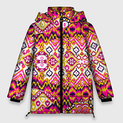 Куртка зимняя женская Розовый орнамент имитация ткань икат, цвет: 3D-красный