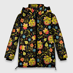 Куртка зимняя женская Хохломская роспись разноцветные цветы, цвет: 3D-черный
