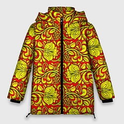 Женская зимняя куртка Хохломская роспись золотистые цветы и ягоды на кра