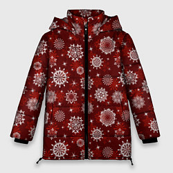 Куртка зимняя женская Snowflakes on a red background, цвет: 3D-светло-серый