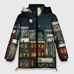 Куртка зимняя женская Новогодний рисованный город, цвет: 3D-черный