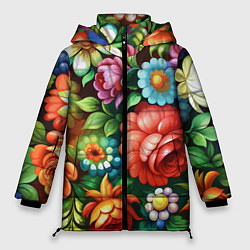 Куртка зимняя женская Жостово роспись цветы традиционный узор, цвет: 3D-красный