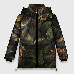 Куртка зимняя женская Реалистичный охотничий камуфляж из ткани и листьев, цвет: 3D-светло-серый