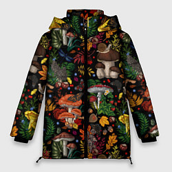 Куртка зимняя женская Фон с лесными грибами, цвет: 3D-черный