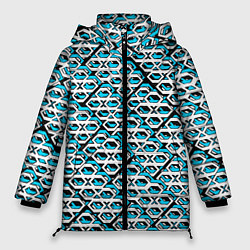 Куртка зимняя женская Сине-белый узор на чёрном фоне, цвет: 3D-светло-серый