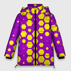Куртка зимняя женская Желтые соты на фиолетовом фоне, цвет: 3D-светло-серый
