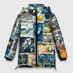 Куртка зимняя женская Космические обитатели - пэчворк, цвет: 3D-черный