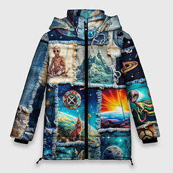 Куртка зимняя женская Разнообразие миров - пэчворк, цвет: 3D-черный