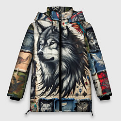 Куртка зимняя женская Волк на дениме Пэчворк, цвет: 3D-светло-серый