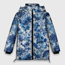 Куртка зимняя женская Цветочный сине-голубой узор, цвет: 3D-красный