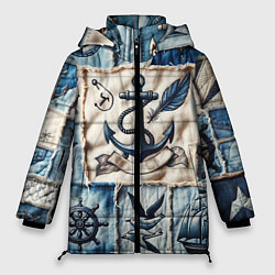 Куртка зимняя женская Пэчворк с якорем - джинсовка моряка, цвет: 3D-черный
