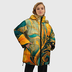 Куртка зимняя женская Золотые и бирюзовые листья абстракция, цвет: 3D-черный — фото 2