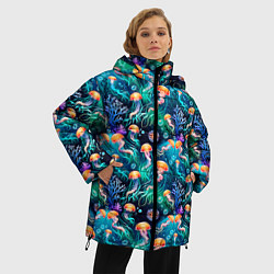 Куртка зимняя женская Морские медузы паттерн, цвет: 3D-красный — фото 2