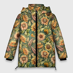 Куртка зимняя женская Желтые подсолнухи и пшеница, цвет: 3D-светло-серый