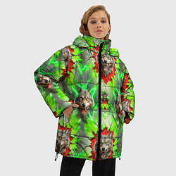 Куртка зимняя женская Волки из зеленого паттерна, цвет: 3D-черный — фото 2