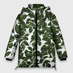 Куртка зимняя женская Зеленые листочки на белом фоне, цвет: 3D-черный
