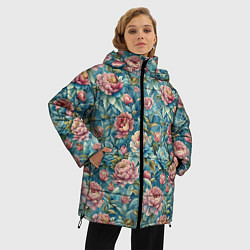 Куртка зимняя женская Пионы паттерном садовые крупные цветы, цвет: 3D-красный — фото 2