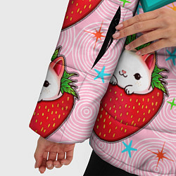 Куртка зимняя женская Котик клубничка и сердца узор, цвет: 3D-красный — фото 2