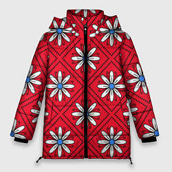 Куртка зимняя женская Белые цветы в ромбах на красном, цвет: 3D-красный