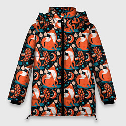 Куртка зимняя женская Разноцветный орнамент лисы паттерном, цвет: 3D-черный