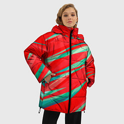Куртка зимняя женская Красный и бирюзовый абстрактный полосы, цвет: 3D-черный — фото 2