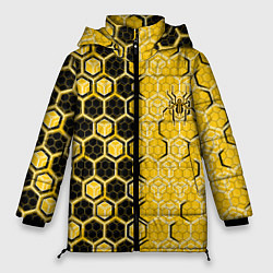 Куртка зимняя женская Киберпанк соты шестиугольники жёлтый и чёрный с па, цвет: 3D-черный