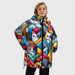 Куртка зимняя женская Геометрический паттерн с котятами - нейросеть, цвет: 3D-черный — фото 2