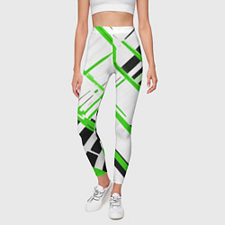 Леггинсы женские Зелёно-чёрные полосы на белом фоне, цвет: 3D-принт — фото 2
