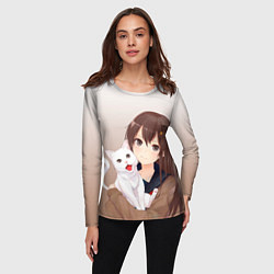 Лонгслив женский Девочка и белый кот аниме, цвет: 3D-принт — фото 2