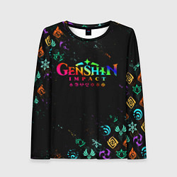 Лонгслив женский GENSHIN IMPACT NEON LOGO RAINBOW STYLE, ЭМБЛЕМЫ, цвет: 3D-принт