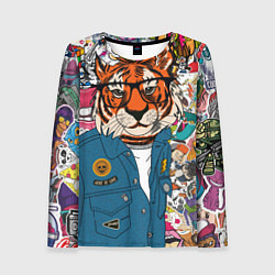 Лонгслив женский Стикербомбинг с тигром, цвет: 3D-принт