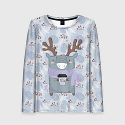 Женский лонгслив Новогодний олень в шарфе