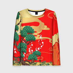 Лонгслив женский Японский пейзаж на красном, цвет: 3D-принт