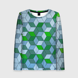 Лонгслив женский Зелёные и серые абстрактные кубы с оптической иллю, цвет: 3D-принт