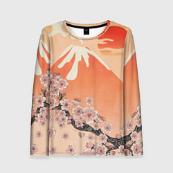 Лонгслив женский Ветка цветущей сакуры и вулкан, цвет: 3D-принт