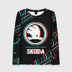 Лонгслив женский Значок Skoda в стиле glitch на темном фоне, цвет: 3D-принт