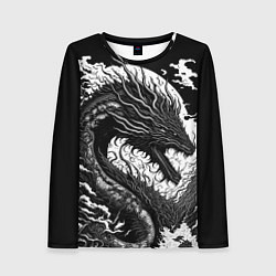 Лонгслив женский Черно-белый дракон и волны, цвет: 3D-принт