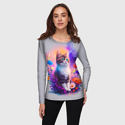 Лонгслив женский Котик и акварель, цвет: 3D-принт — фото 2